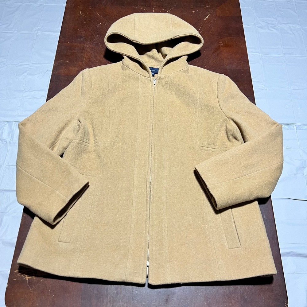 Anne Klein Womens XL Camel Tan Wool Blend Hooded Zip Up Mid Length Coat Jacket